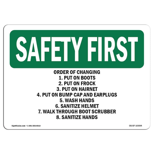 OSHA, Order Of Changing 1. Put On Boots 2. Put, 24in X 18in Rigid Plastic, 24" W, 18" H, Landscape